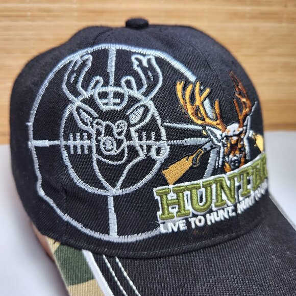 Hunter Hat Cap Live to Hunt Hook & Loop Adjustable Deer Buck Black & Cammo - Picture 3 of 12